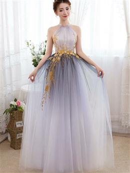 Picture of Pretty Gradient Halter Tulle Evening Gown with Lace, Long Prom Dresses